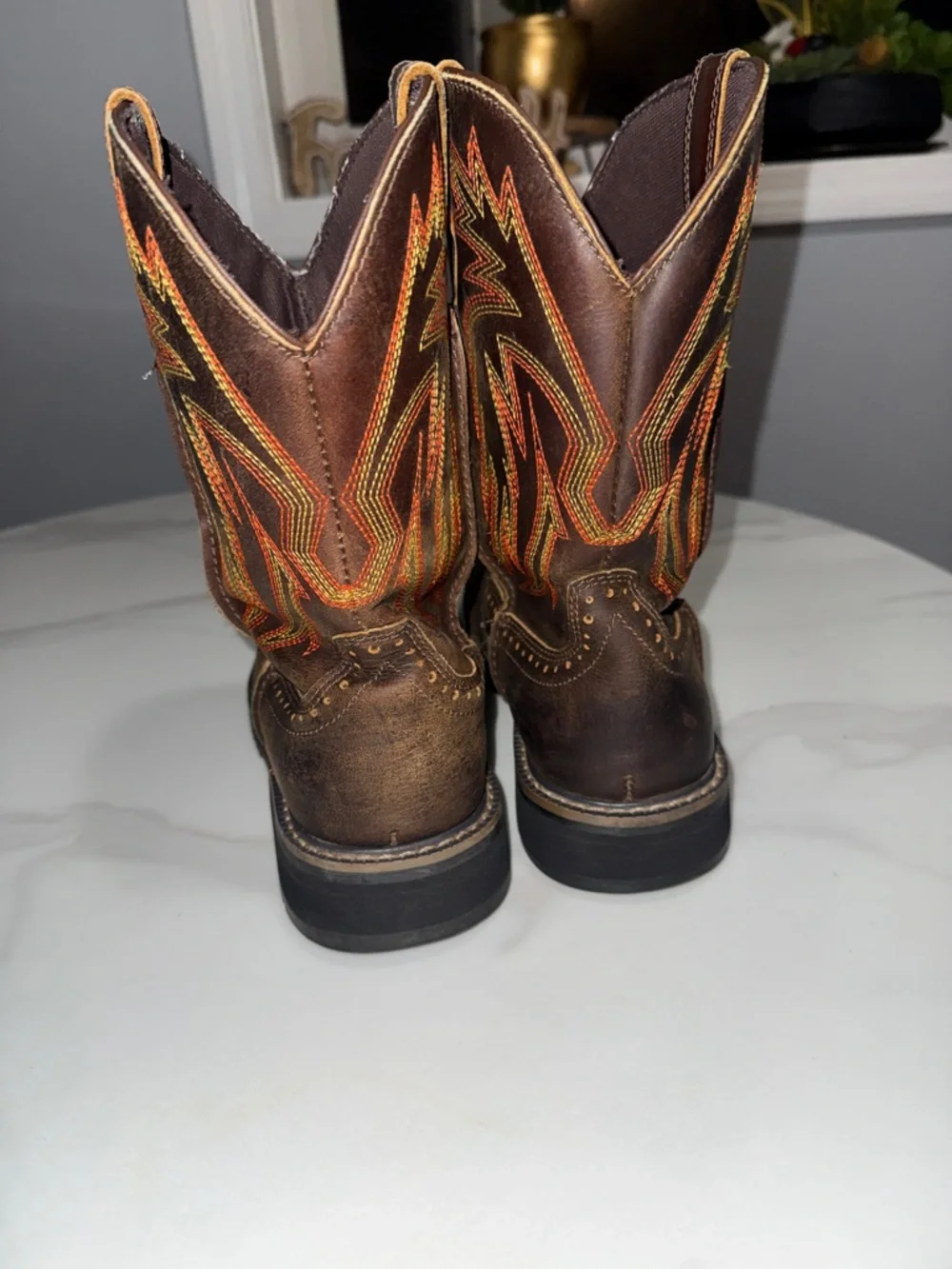 Brown Men's Pull-On Work Boots with Orange Stitching